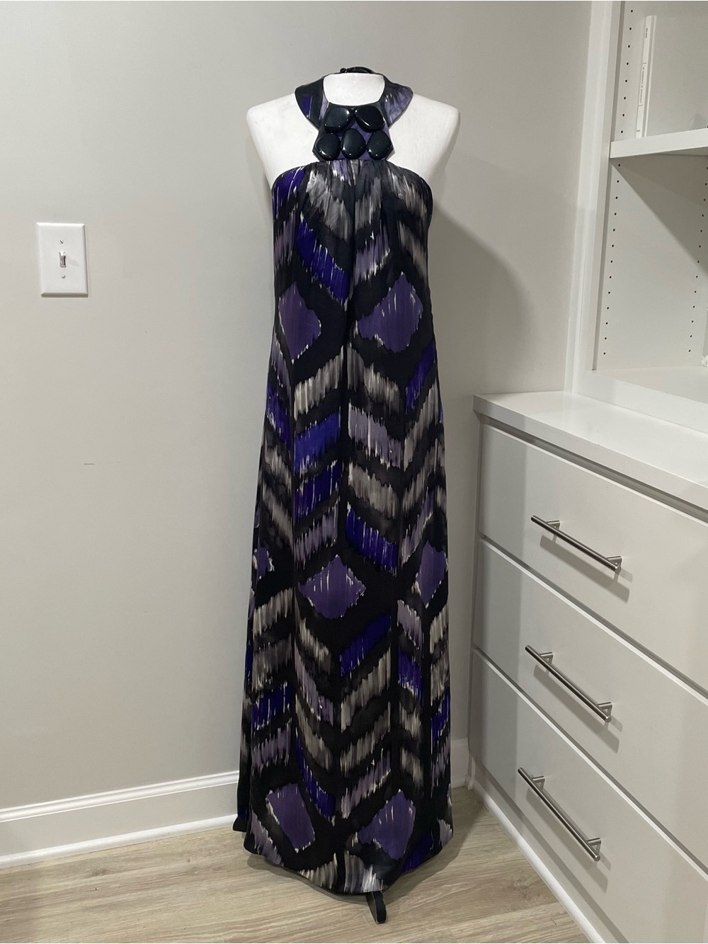 Tibi Ikat Beaded Halter Maxi Dress Boho Abstract Geometric Global Bold Statement